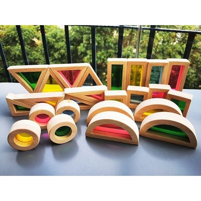 Bois en caoutchouc solide en bois de Montessori Toy Sensory Rainbow Mirror Blocks d'enfants empilant l'empileur acrylique de Buliding éducatif