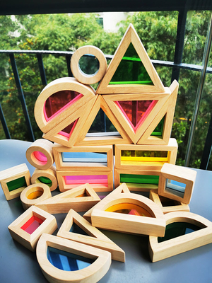 Bois en caoutchouc solide en bois de Montessori Toy Sensory Rainbow Mirror Blocks d'enfants empilant l'empileur acrylique de Buliding éducatif