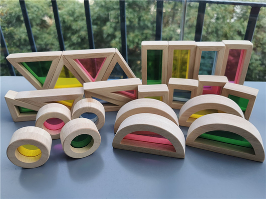 Bois en caoutchouc solide en bois de Montessori Toy Sensory Rainbow Mirror Blocks d'enfants empilant l'empileur acrylique de Buliding éducatif