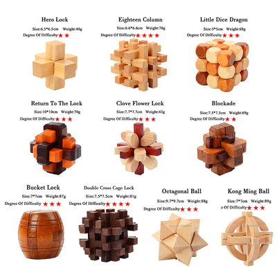 Le QI en bois de Kong Ming Puzzles Set Luban Lock déconcertent le jeu pour le jouet adulte de jeu de degré de niveaux de Brain Teaser 3 de passe-temps d'enfants