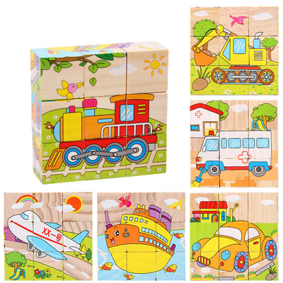 Le bloc en bois de bébé joue le fruit animal premier apprenant six puzzles de cube en côté 3D