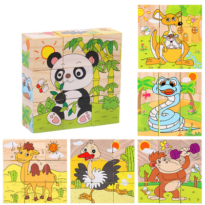 Le bloc en bois de bébé joue le fruit animal premier apprenant six puzzles de cube en côté 3D