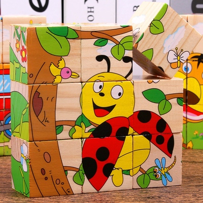 Le bloc en bois de bébé joue le fruit animal premier apprenant six puzzles de cube en côté 3D