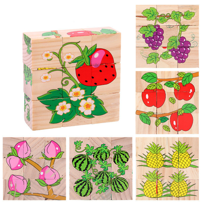 Le bloc en bois de bébé joue le fruit animal premier apprenant six puzzles de cube en côté 3D