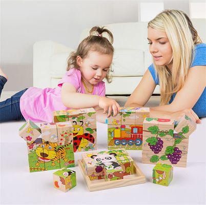Le bloc en bois de bébé joue le fruit animal premier apprenant six puzzles de cube en côté 3D