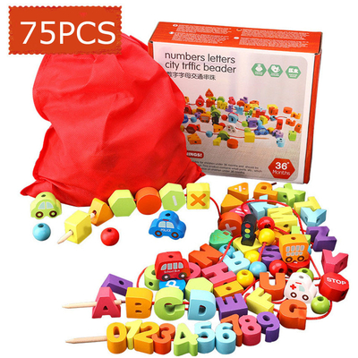 jeu perlé de corde du trafic 75Pcs urbain de lettre en bois de nombre ficelant le filetage