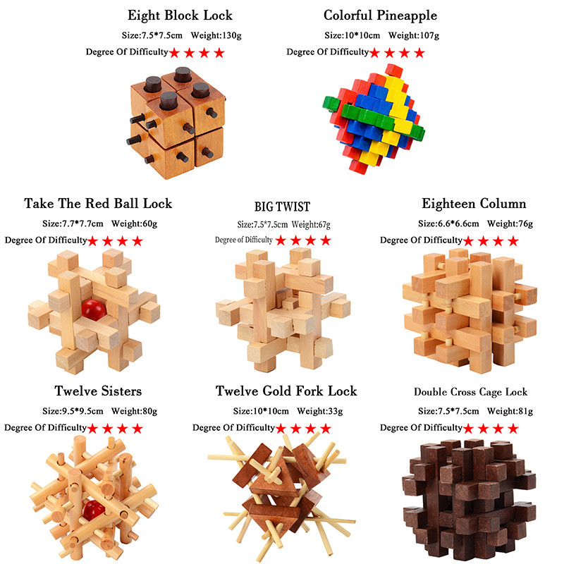 Le QI en bois de Kong Ming Puzzles Set Luban Lock déconcertent le jeu pour le jouet adulte de jeu de degré de niveaux de Brain Teaser 3 de passe-temps d'enfants