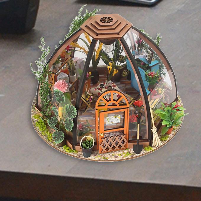 Maison de poupée miniature de DIY avec la maison de poupée en bois d'Assemblée d'individu de Chambre de jardin de métier de caisse de batterie de lumière de l'outil de jardinage de meubles LED